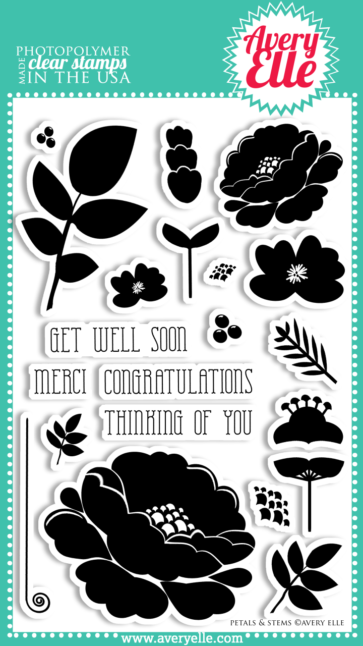Our 4" x 6" Petals and Stems Clear Photopolymer stamp set is perfect to create beautiful cards and layouts.   Stamp the sentiments inside a ring of flowers and leaves.  Create your own bouquet.  The possibilities are endless.