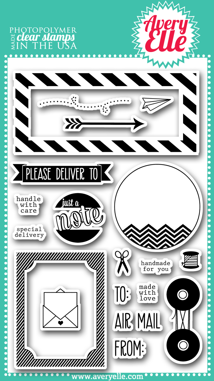 Our 4" x 6" Air Mail clear photopolymer stamp set is perfect for creating a fun greeting.  The sentiments included in this set are great for envelopes, the back of cards and for a fun hello.  The labels included in this set are sure to be used time and again.
