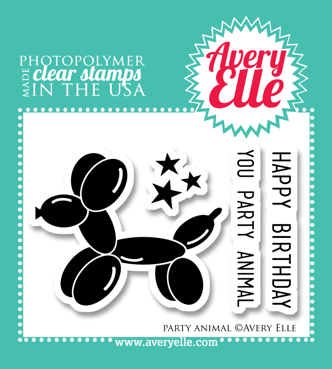 Our 2" x 3" Party Animal clear photopolymer stamp set is mini in size but oh so fun.  This set was created in honor of Avery Elle's first birthday in June 2013.