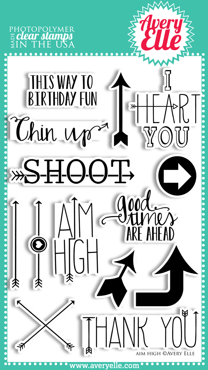We love our 4" x 6" Aim High clear photopolymer stamp set.  The sentiments and trendy arrows in this set are fun, fresh and perfect for so many occasions.  Use them with the coordinating Aim High Elle-ments Dies to create professional results.