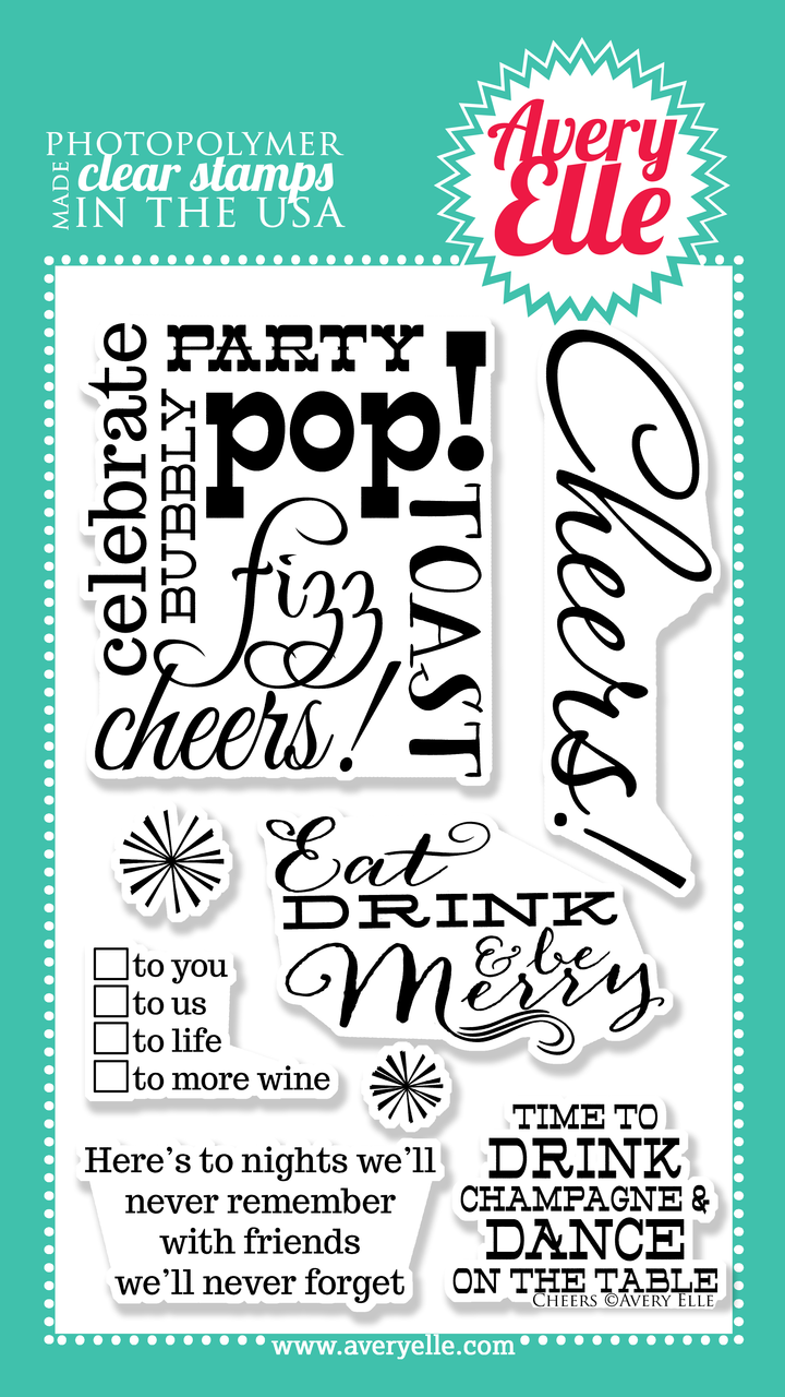 Our 4" x 6" Cheers clear stamp set is exactly what you need to create a fun and festive gift tag or card.  Use this set and our coordinating Cheers Elle-ments Wine Tag steel die to create hostess gifts, Holiday presents, New Years,wedding gifts or just because.
