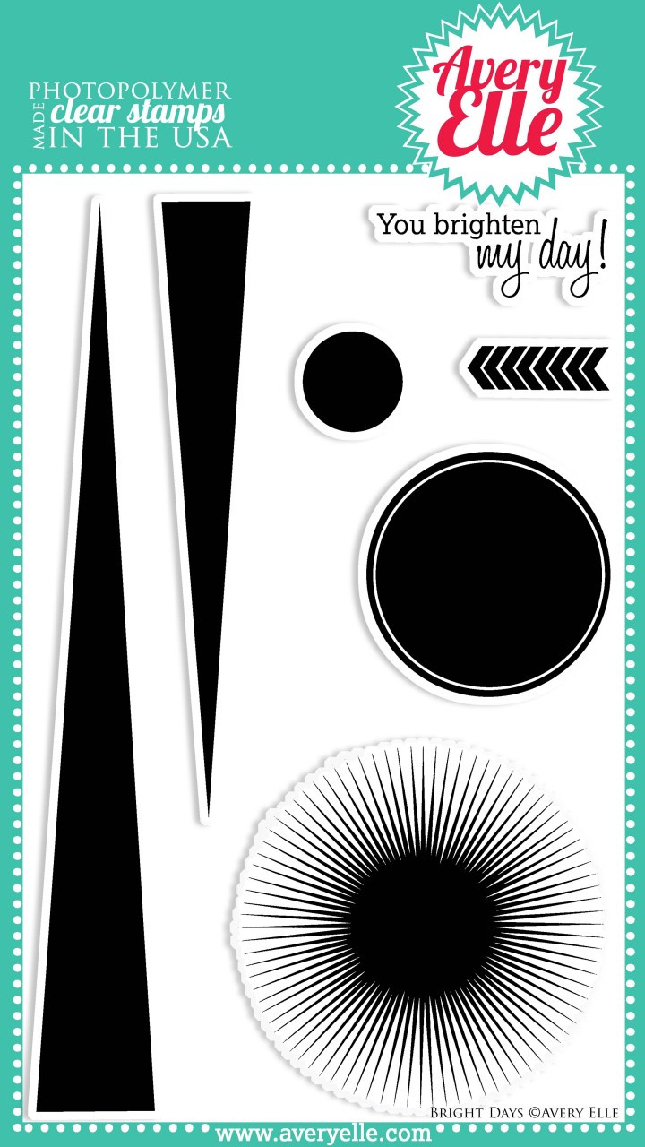 Our Bright Days Clear Photopolymer Stamps make us happy.  Whether you want to make a sunburst on a card, a bold sunshine ray background, a wavy pattern, or only use the circles for a clean and simple design, this clear stamp set will deliver!!