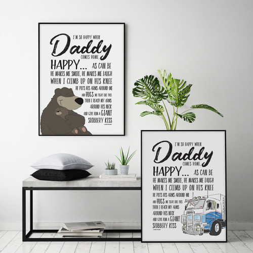 I'm So Happy When Daddy Comes Home Print - Cuddling Bears and White Truck Options with optional Australian-made Black Timber Frame I'm So Happy When Daddy Comes Home Print - Cuddling Bears and White Truck Options with optional Australian-made Black Timber Frame