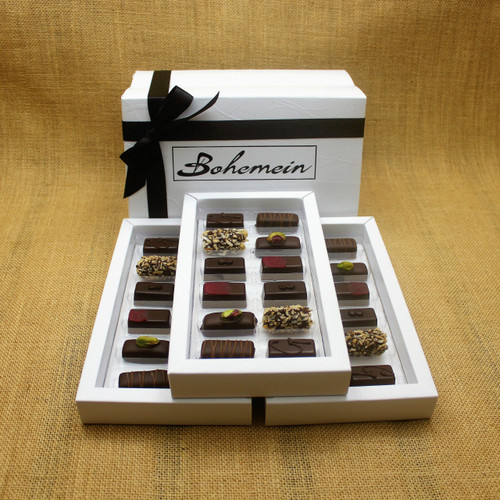 Bohemein 36 Dairy Free Chocolates Gift Box Includes: Noisette (Hazelnut) x6, Pistachio Marzipan x6, Raspberry Ganache x6, Creme de Menthe Fondant x6, Coconut Cream Truffles x6, Ginger Caramel x6