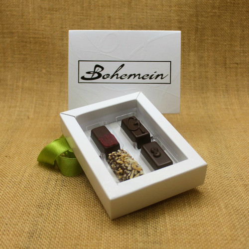 Bohemein 4 Dairy Free Chocolates Gift Box Includes: Raspberry Ganache, Ginger Caramel, Coconut Cream Truffle and Creme de Menthe Fondant.