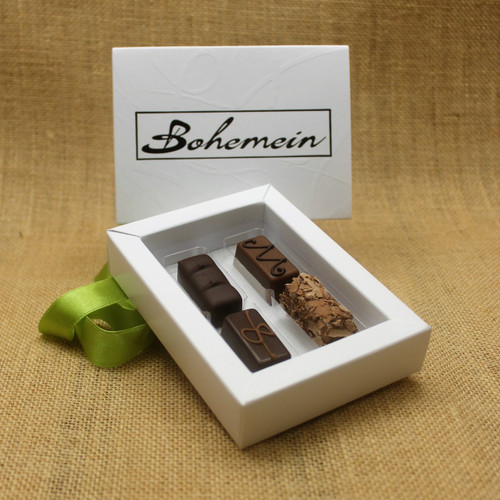 Bohemein Gift Box with 4 Nut Free Chocolates including: Balsamic Vinegar and Honey Ganache, Maple Cream, Vanilla Cream in Dark Chocolate, Coffee Truffle.