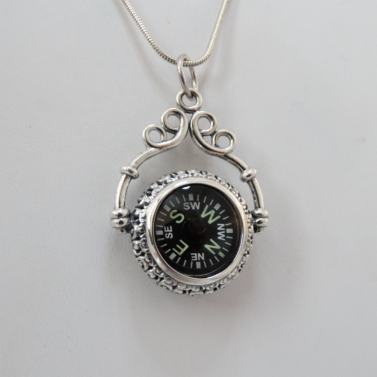 Working Compass Charm Necklace Sterling Silver