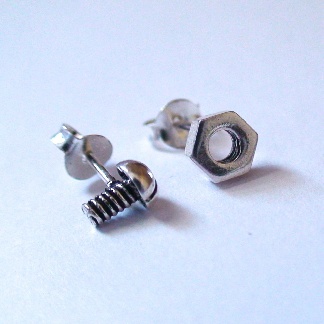 Nut and Bolt Earrings Sterling Silver Post Earrings