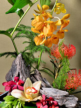 A stunning collection of tropical blooms, driftwood and other natural elements