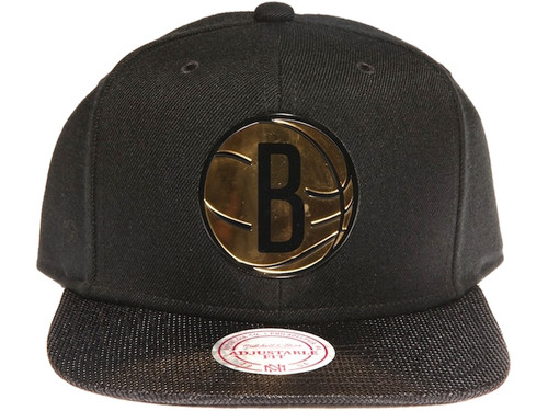 Brooklyn Nets Gold Logo Woven Brim Mitchell & Ness NBA Black Snapback Hat Brooklyn Nets Gold Logo Woven Brim Mitchell & Ness NBA Black Snapback Hat