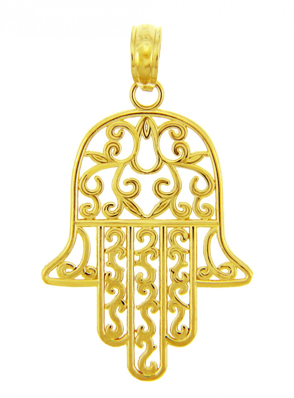 14k Yellow Gold Jewish Hamesh Hand Filigree Charm Hamsa Pendant