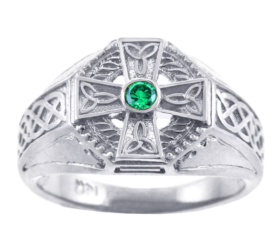 MEN'S 925 Sterling Silver Celtic Cross Ring With Emerald Center AND