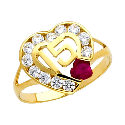 14K Dainty Gold Sweet Quinceanera 15 Anos Heart Ring with 12 Clear and