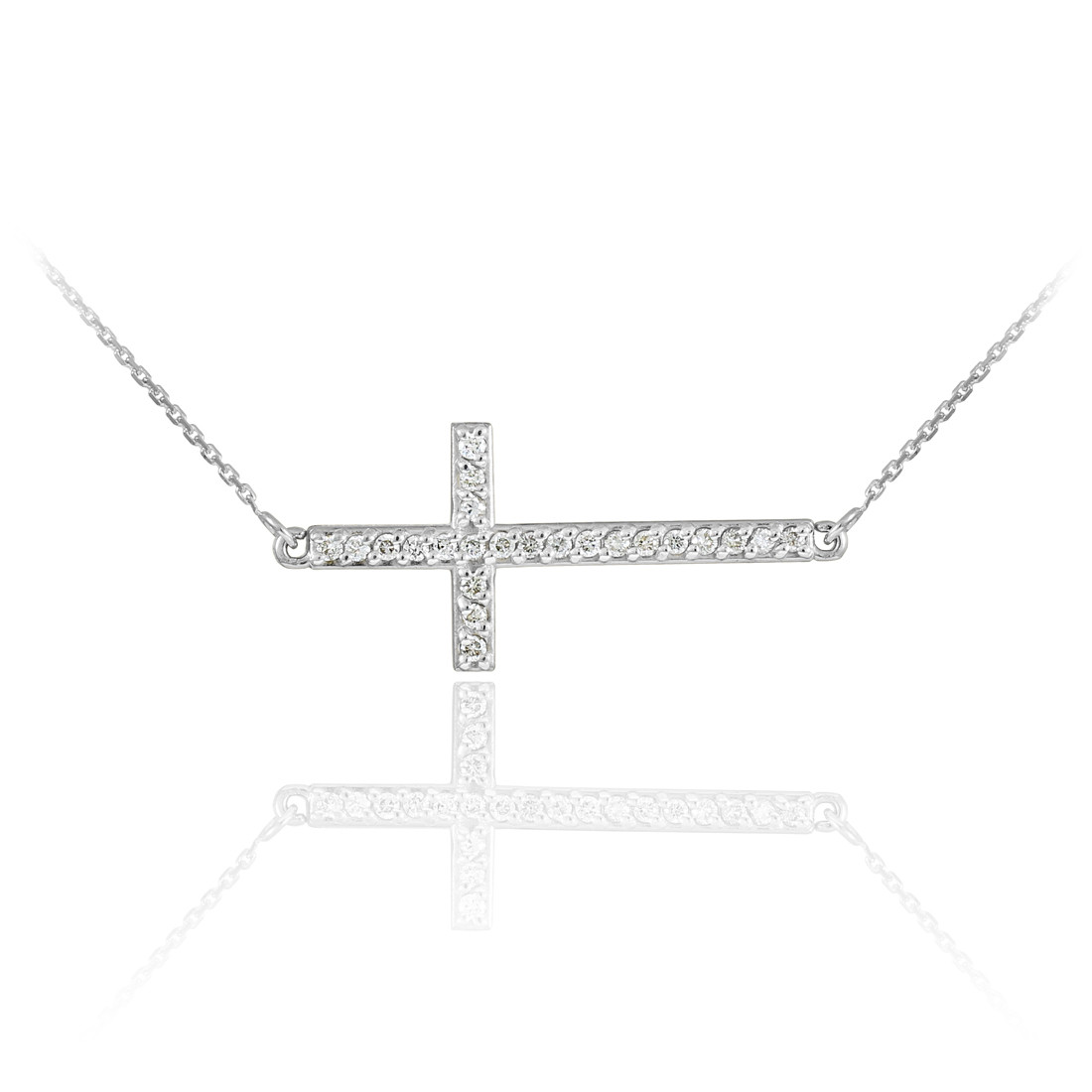 14K White Gold Sideways Diamond Cross Pendant Necklace