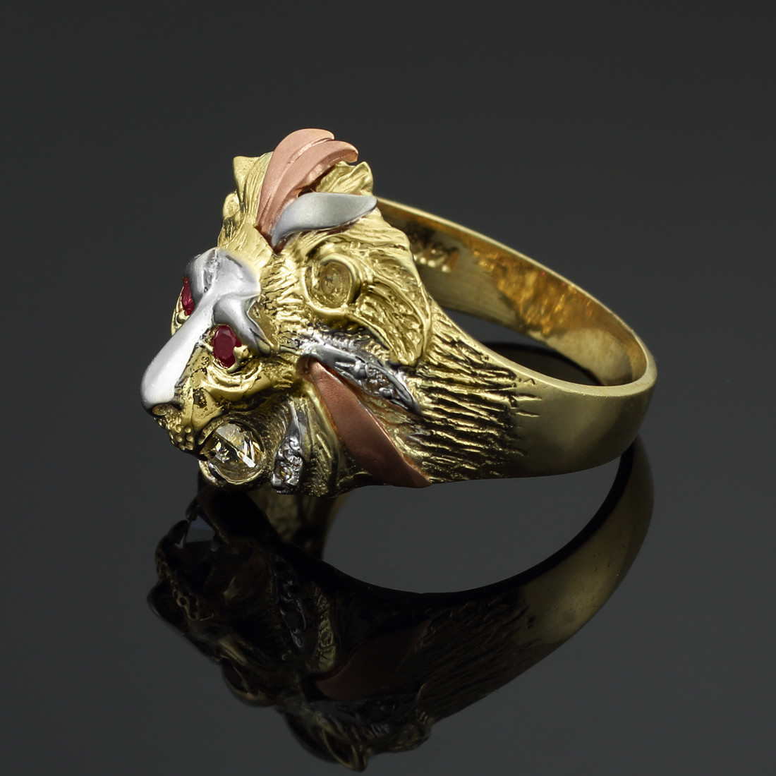 Multi-Tone (White, Yellow, and Rose) Gold Lion Head Men's CZ Ring