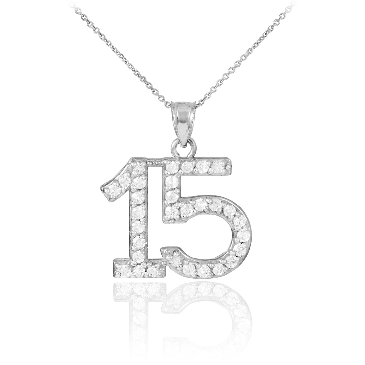 Quinceanera 15 Anos Pendant Necklace with diamonds in 14k white gold.