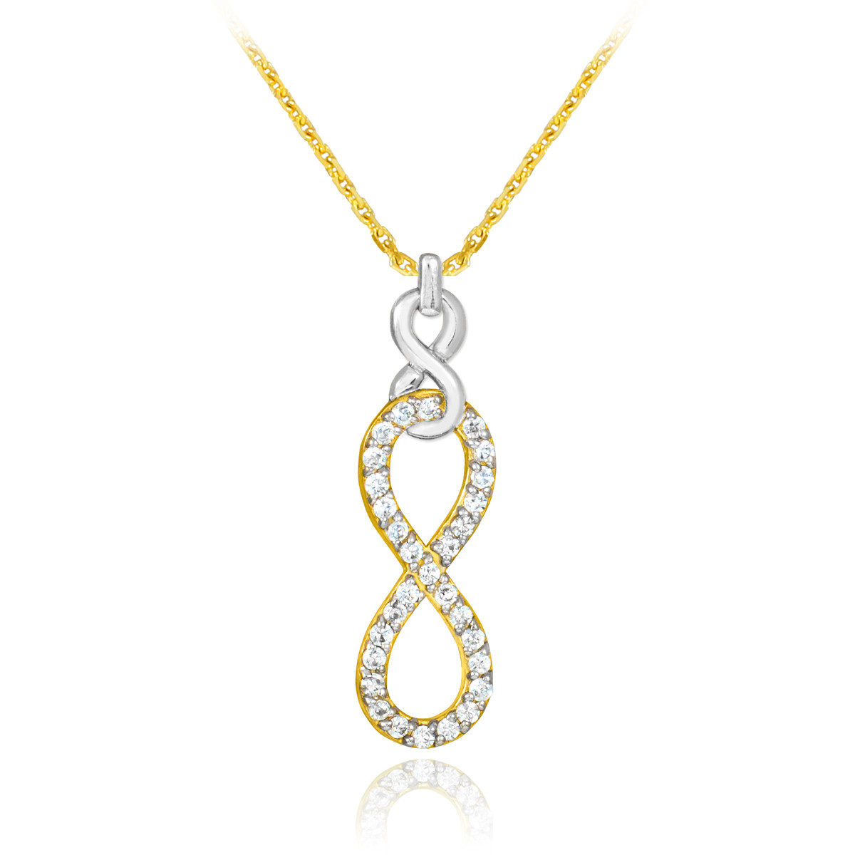 Vertical infinity diamond necklace in 14k yellow and white gold.