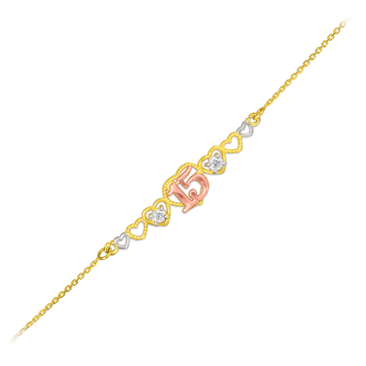 15Anos Quinceanera 14k TriTone Gold Hearts Bracelet