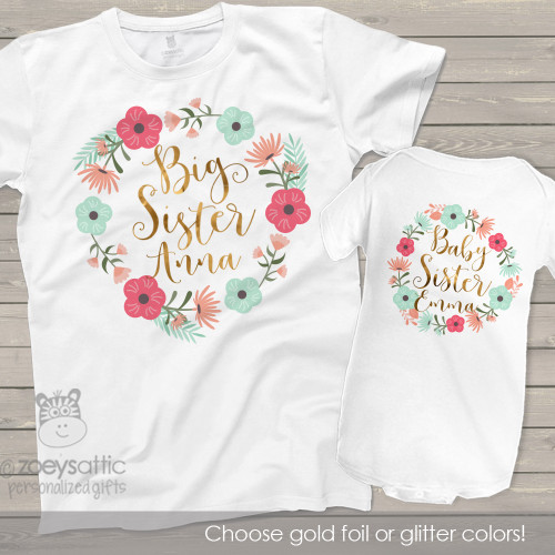 Big sister baby sister floral wreath with foil or glitter matching sibling set