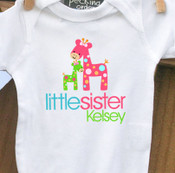 Personalized baby little sister funky giraffe onesie or Tshirt