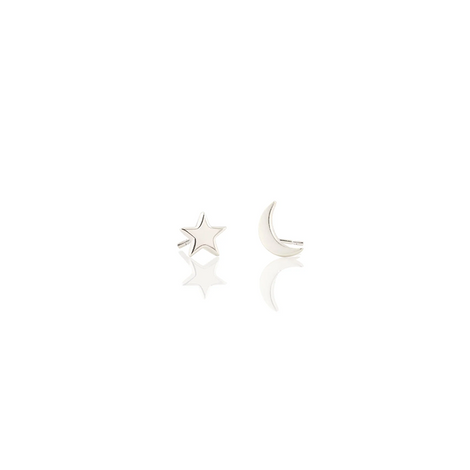 Star and Moon Stud Earrings - Silver