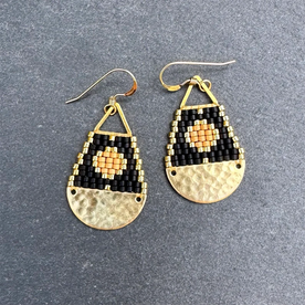 Beaded Brass Sun Triangle Teardrop Earrings - Matte Black with Gold Sun