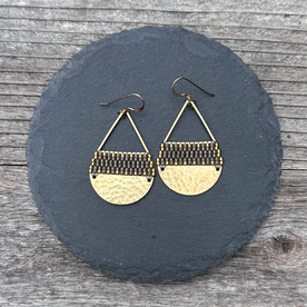 Beaded Brass Triangle Teardrop Earrings - Dark Olive & Gold