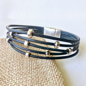 Multi Strand Leather Wrap Bracelet - Black