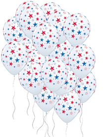 24 Patriotic Stars Print 11" Latex Balloons White w/ Blue & Red Design Qualatex
