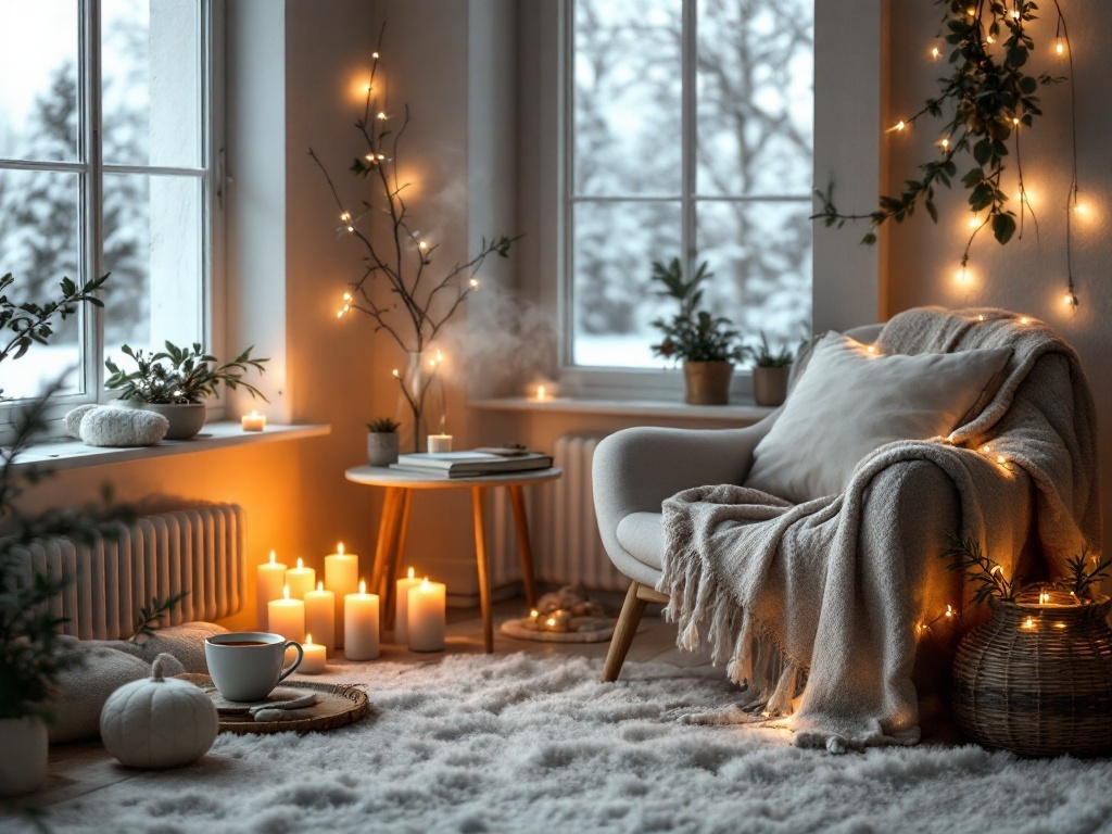 Serene and inviting indoor scene with a cozy corner, featuring a comfortable chair, soft lighting, candles, a warm blanket, and a steaming cup of tea, embodying mindfulness and relaxation for the 'Winter Serenity & Mindfulness' package.