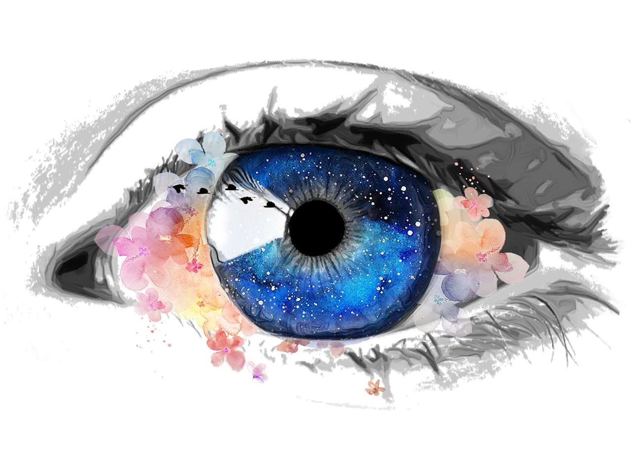 An illustration of a person’s eye filled with colors representing a healthy aura. 