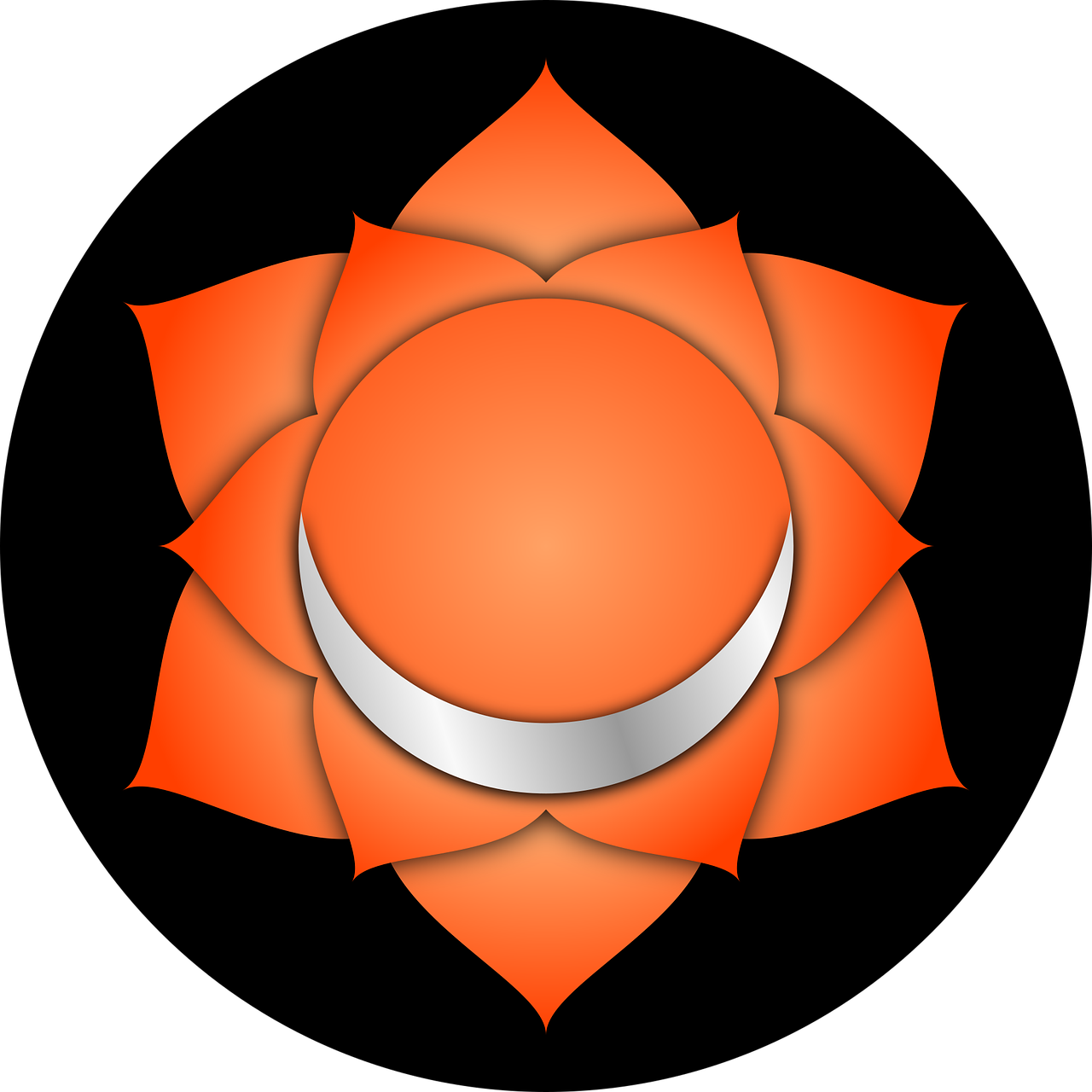 An illustration with six petals and a moon showing the design of the Svadhisthana symbol.