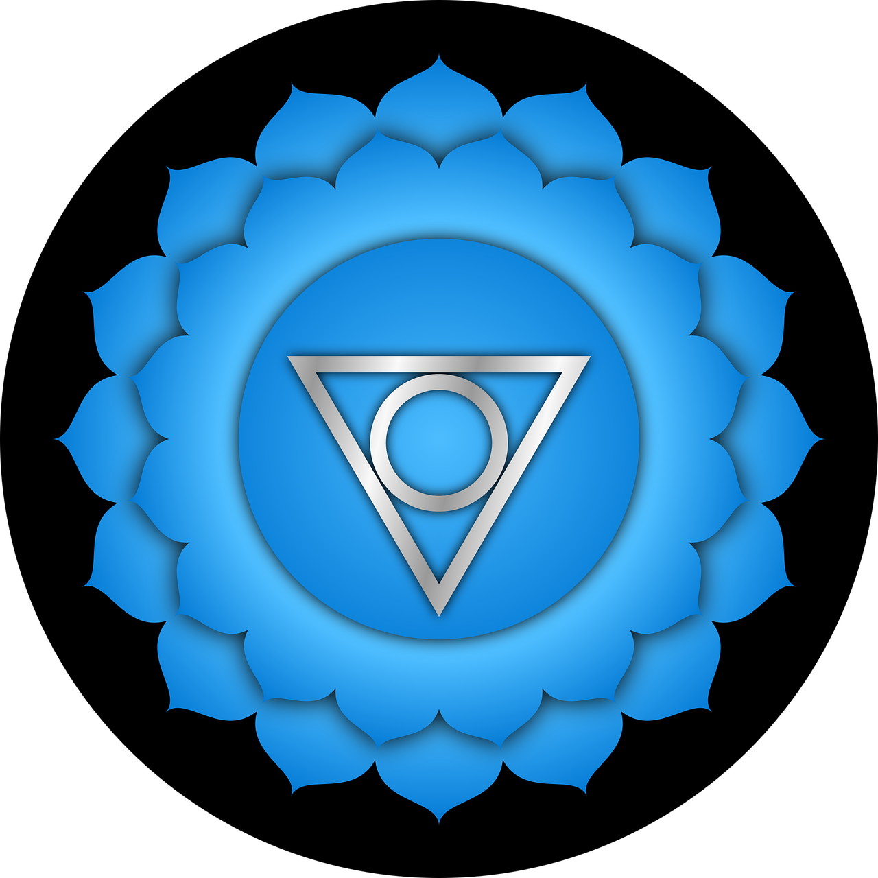 A bright blue symbol with sixteen petals and an inverted triangle with a circle in the middle.