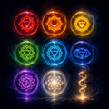 Nine glowing chakra and kundalini energy symbols representing the complete Full Chakra and Kundalini Series