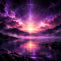 Purple mountain lake landscape with glowing light and energy waves representing Level 1 Meditation brainwave audio for relaxation and well-being