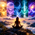 Meditation scene with five glowing brainwave-inspired energy panels representing Alpha, Theta, Delta, Epsilon and Gamma meditation in the Full Isochiral Meditation Pack