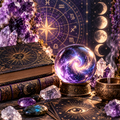Crystal ball, third eye, moon phases and psychic symbolism representing the Psychic Development Mega Pack for intuition and clairvoyance practice