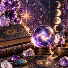 Crystal ball, third eye, moon phases and psychic symbolism representing the Psychic Development Mega Pack for intuition and clairvoyance practice