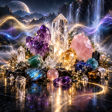 Crystal frequency collection with amethyst, rose quartz, clear quartz and other stones representing the Isochiral Healthy Mega Pack and 36 crystal audio programs