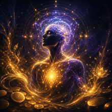Glowing figure with illuminated brain, heart energy and golden prosperity symbols representing life, money and brain improvement