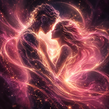 Romantic couple surrounded by glowing pink and gold energy representing love manifestation, attraction, connection and relationship-focused audio