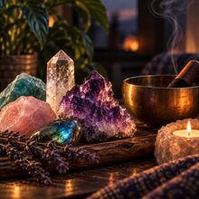 Crystals and meditation tools representing the Aura Healing Mega Pack with crystal frequency, aura cleansing and energy meditation audios