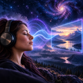 Woman wearing headphones with glowing brainwave energy and a distant mountain scene representing remote viewing with alpha and theta Isochiral Music