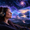 Woman wearing headphones with glowing brainwave energy and a distant mountain scene representing remote viewing with alpha and theta Isochiral Music