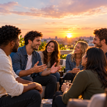 Group of friends talking and laughing together at sunset for a social confidence and making friends audio program