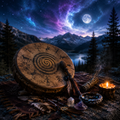 Shamanic drum and ritual objects under a moonlit sky representing Shaman Isochiral Music and shamanic journey meditation
