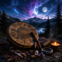 Shamanic drum and ritual objects under a moonlit sky representing Shaman Isochiral Music and shamanic journey meditation
