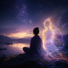 Meditating person beside a luminous spirit guide at twilight, representing spiritual guidance, intuitive connection and spirit guide meditation