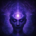Meditating figure with a glowing third eye and violet geometric energy patterns representing intuition and inner perception