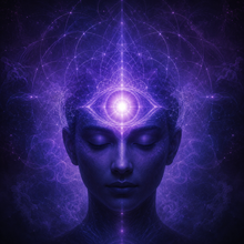 Meditating figure with a glowing third eye and violet geometric energy patterns representing intuition and inner perception